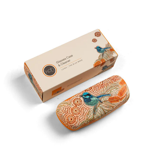 Glasses case and cleaner with blue bird design.  Showing packaging.