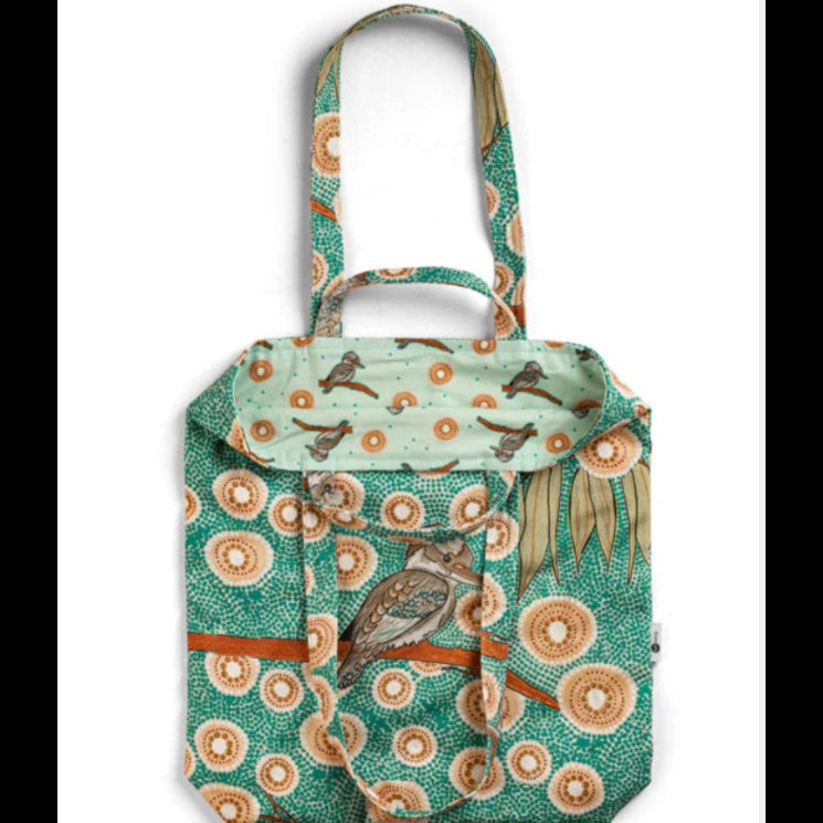 Tote bag with bird and floral pattern on a white background