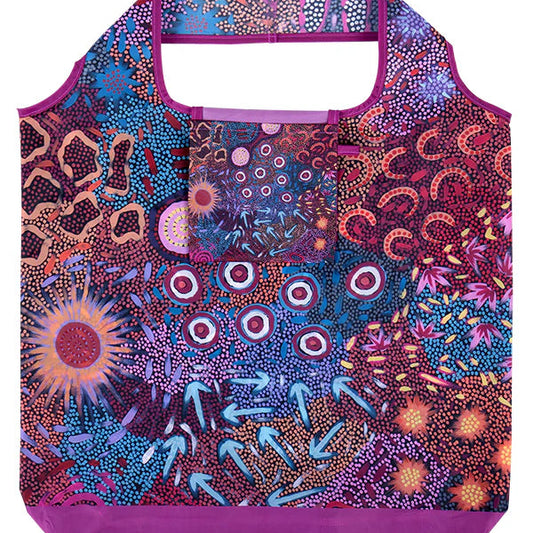 Colorful patterned bag with a purple border on a white background