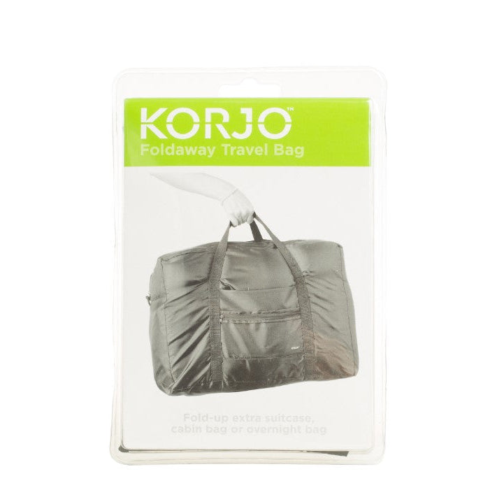 Korjo foldaway travel bag packaging on a white background