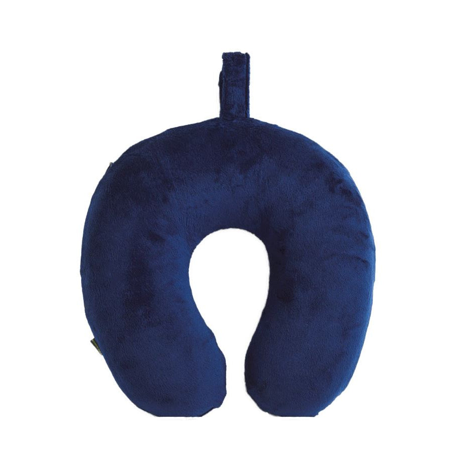 Blue travel neck pillow on a white background