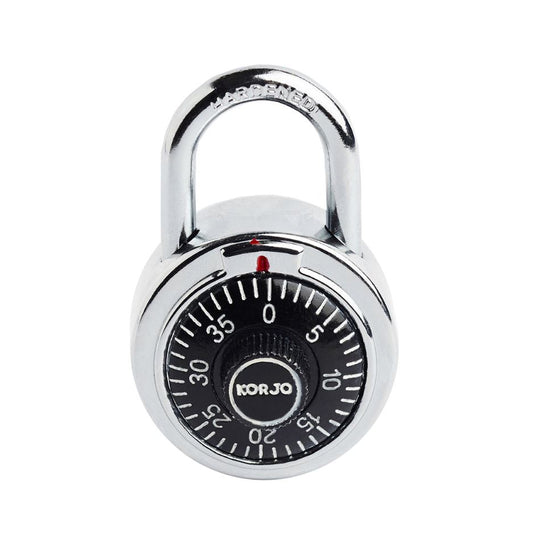 Combination lock with black dial and silver body on a white background