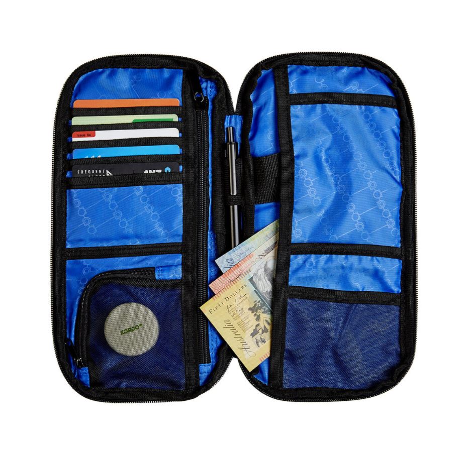 Blue travel organizer with compartments for cards, a pen, and documents on a white background