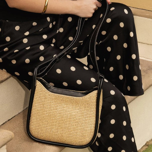 Louenhide Clare Raffia Black Shoulder Bag – Vegan Leather & Raffia Handbag