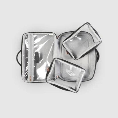 Transparent rectangular pouches with black straps on a light gray background