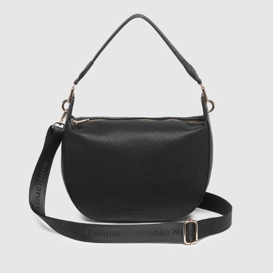 Black handbag with a strap on a light gray background