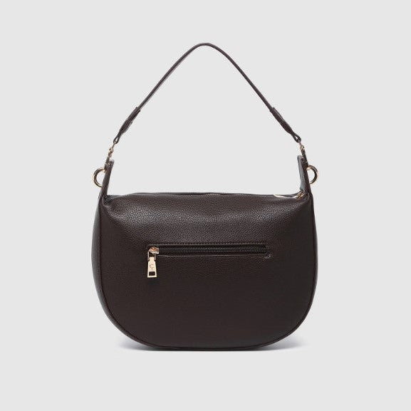Black bag with a gold zipper on a light gray background