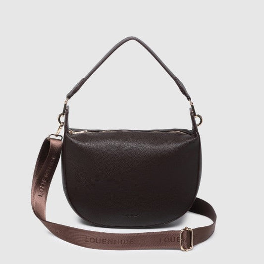 Brown handbag with a shoulder strap on a light gray background