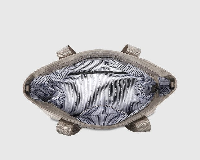 Gray bag with a textured interior on a light gray background