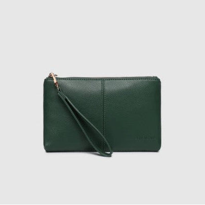 Green clutch bag with a strap on a light gray background