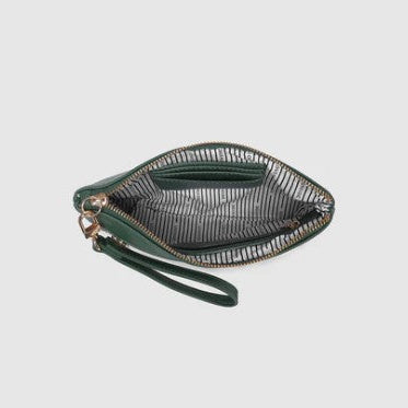 Green clutch bag with a textured surface on a light gray background