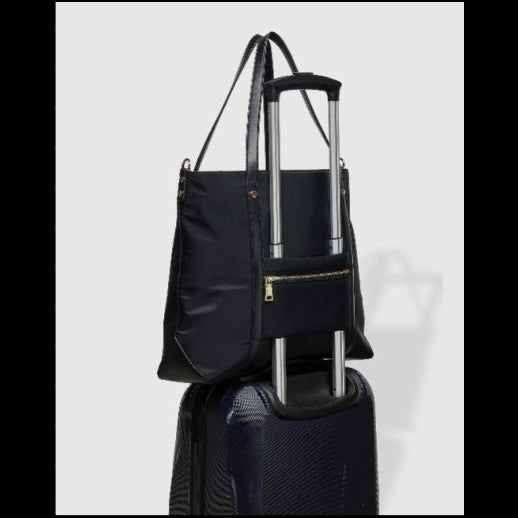 Black backpack with rolling handle on a white background