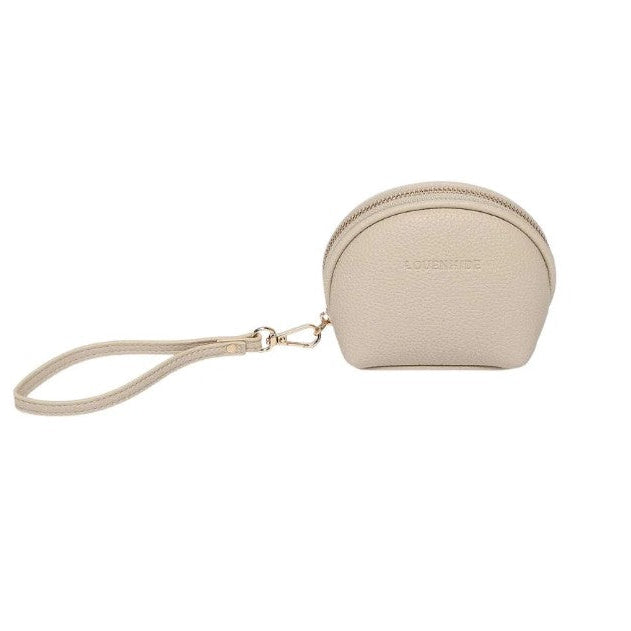 Beige wristlet purse on a white background