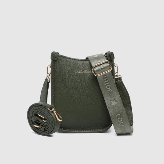 Green handbag with a matching strap on a light gray background