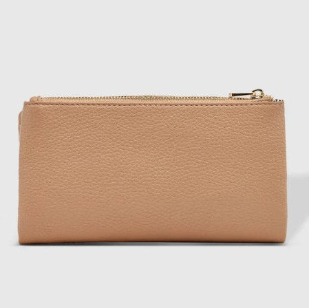 Beige wallet with a zipper on a light gray background