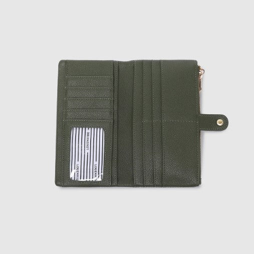 Green wallet with a visible brand label on a light gray background