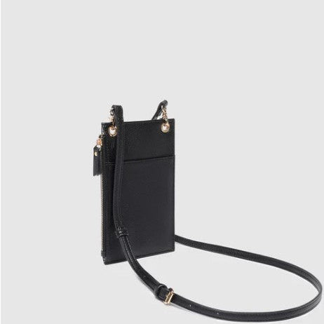 Black crossbody bag with a strap on a light gray background