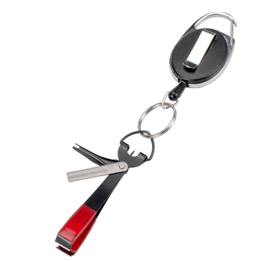 A multi-tool keychain with a black and silver retractable camera, a metal ring, and a folding tool with a red and black handle, shown on a plain white background.