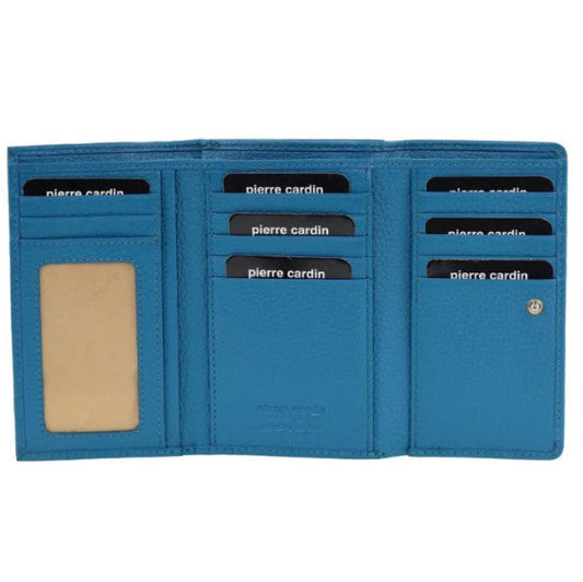 Blue wallet with card slots and a visible brand logo on a white background