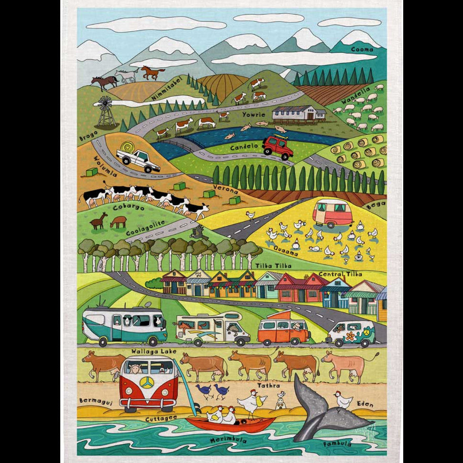 Colorful illustration of a rural landscape with animals, vehicles, and buildings.