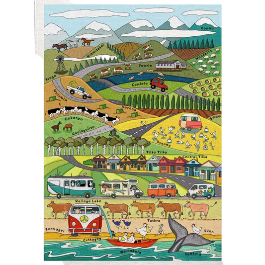 Colorful illustration of a rural landscape with animals, vehicles, and buildings.