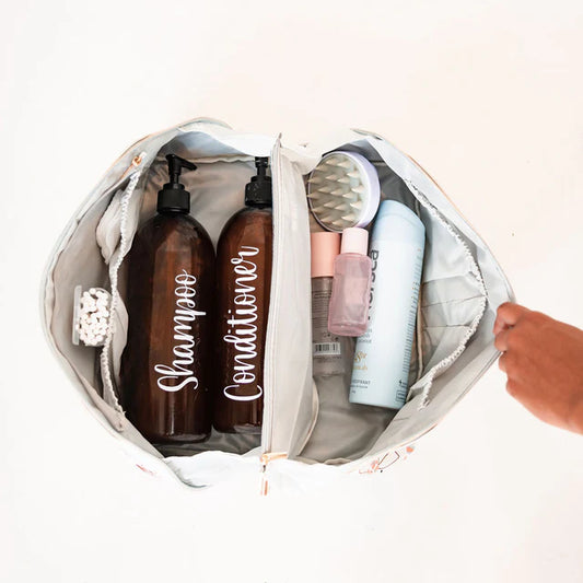 Organised travel toiletry bag with waterproof exterior and 5L capacity.  Internal view.