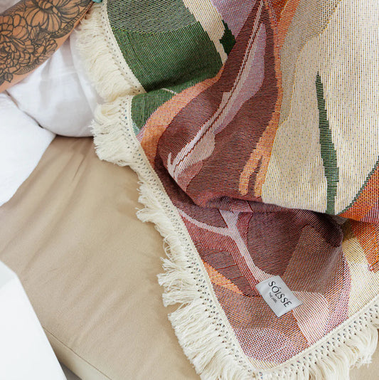 Close-up of Sólsse Rug fabric, durable and stylish design for everyday use. The Daintree Botanical Rug.