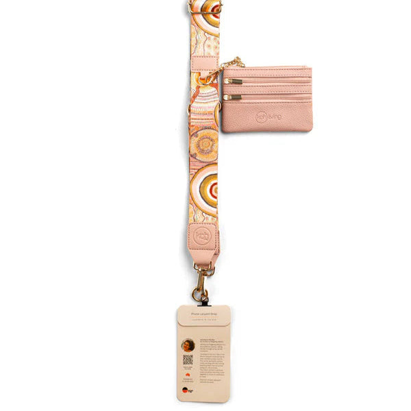 Pink lanyard with floral design and attached cardholder on a white background