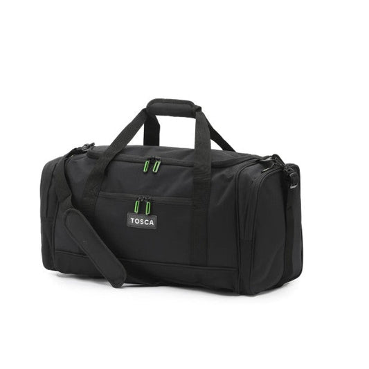 Black duffel bag with green zippers on a white background