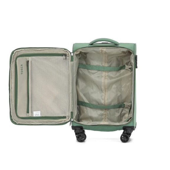 Green suitcase with open compartment on a white background