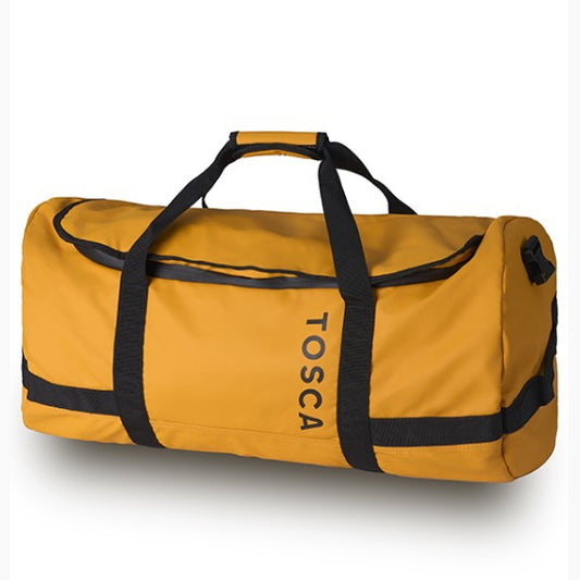Yellow duffel bag with black straps and 'Tosca' branding on a white background