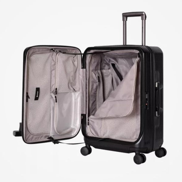 Black suitcase with open lid showing interior on a white background