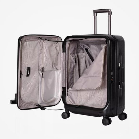 Black suitcase with open lid showing interior on a white background