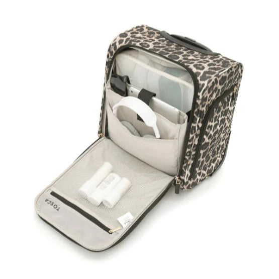 Leopard print travel case with internal view.
