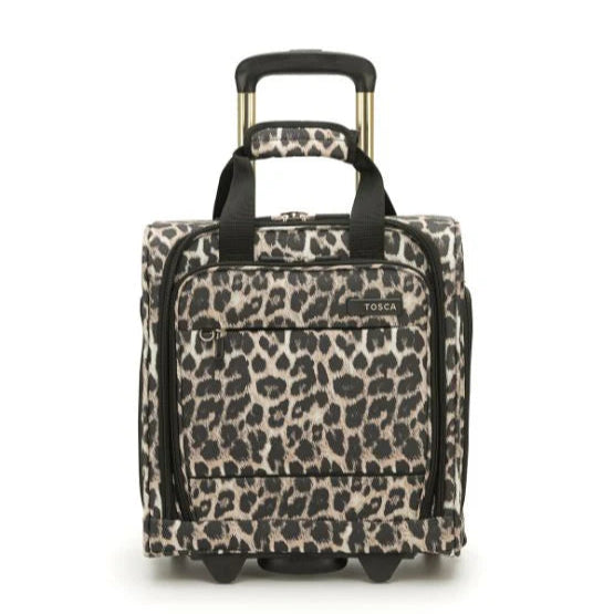 Leopard print rolling suitcase - fits under most airline seats.