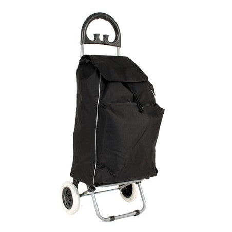 Black folding shopping cart with a rain cover on a white background