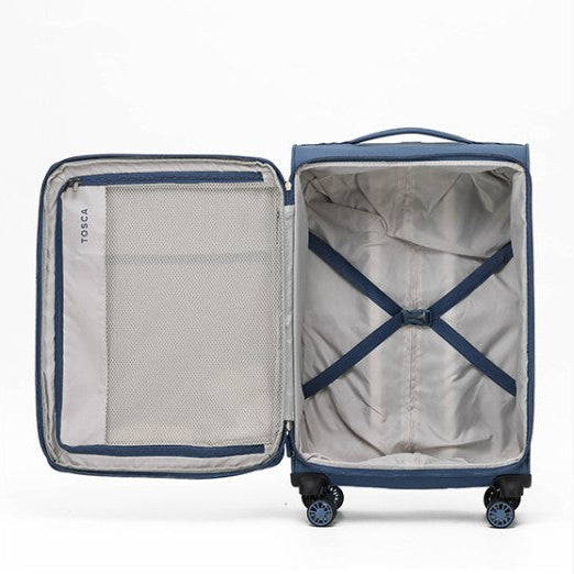 Open blue suitcase with interior details on a white background