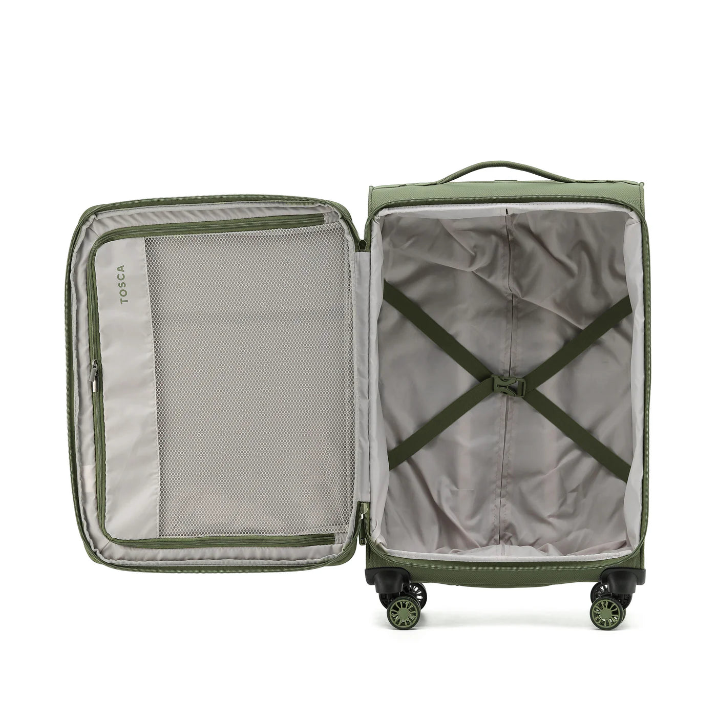 Green suitcase with open lid on a white background