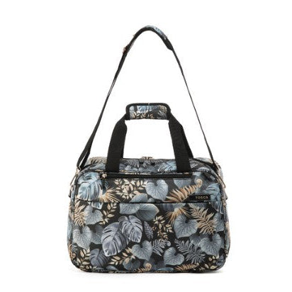 Floral patterned bag with black straps on a white background