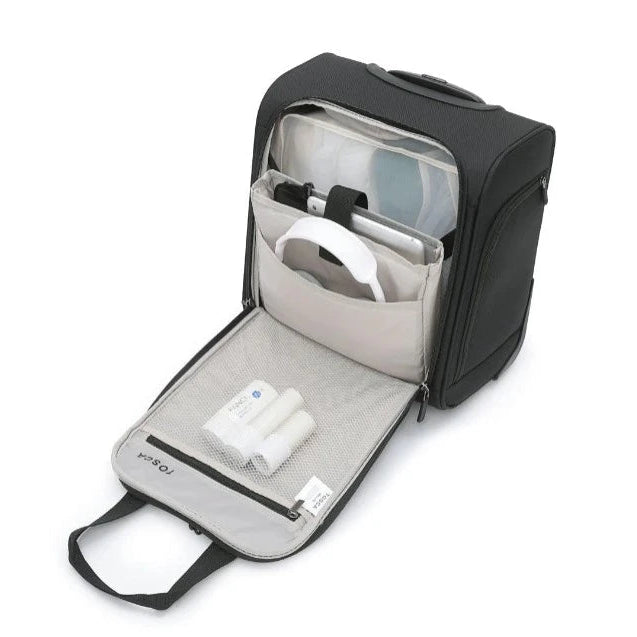 Black and gray backpack with organized compartments on a white background