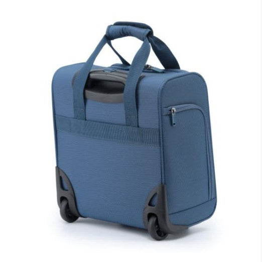Blue suitcase with wheels on a white background