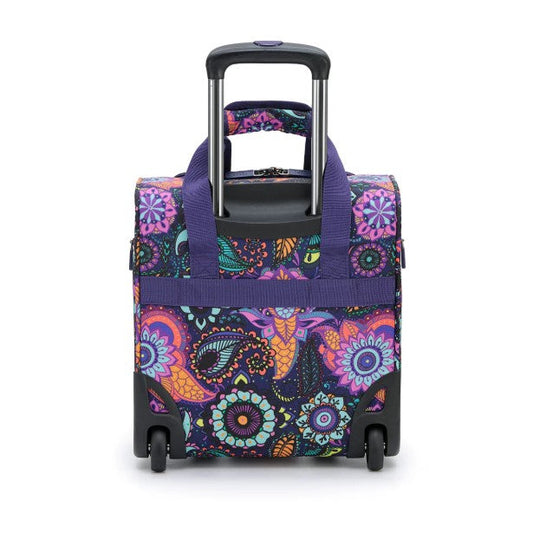 Colorful patterned suitcase with a purple handle on a white background