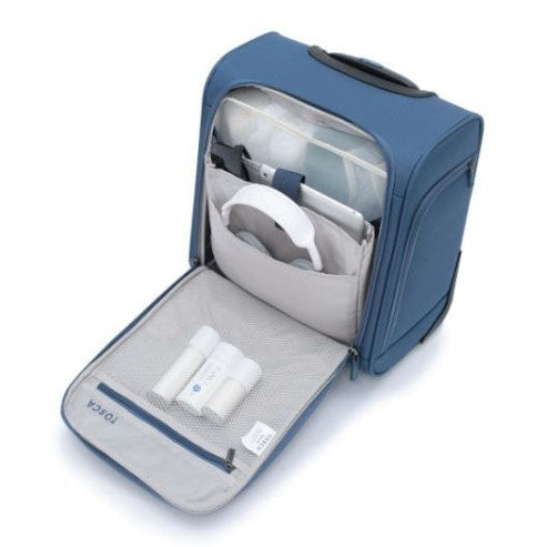 Blue travel bag with interior compartments on a white background