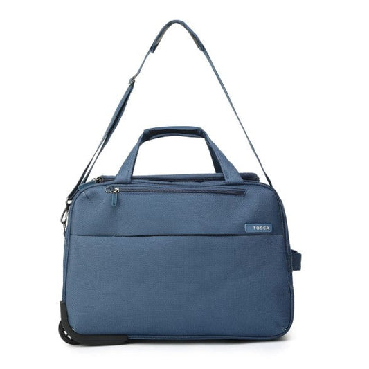 Blue duffel bag with shoulder strap on a white background