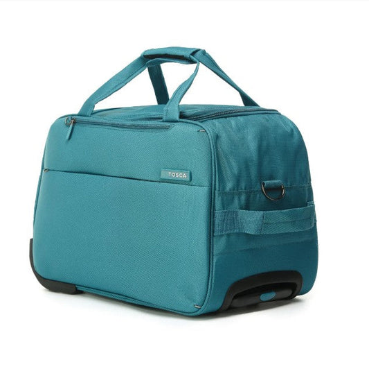 Teal rolling duffel bag with visible brand logo on a white background