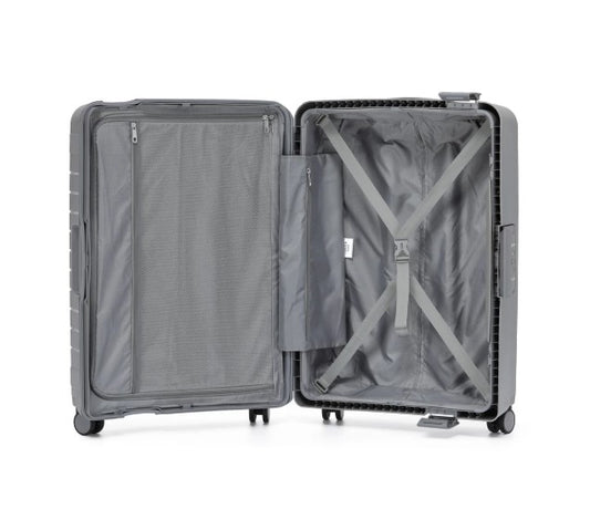 Open gray suitcase on a white background