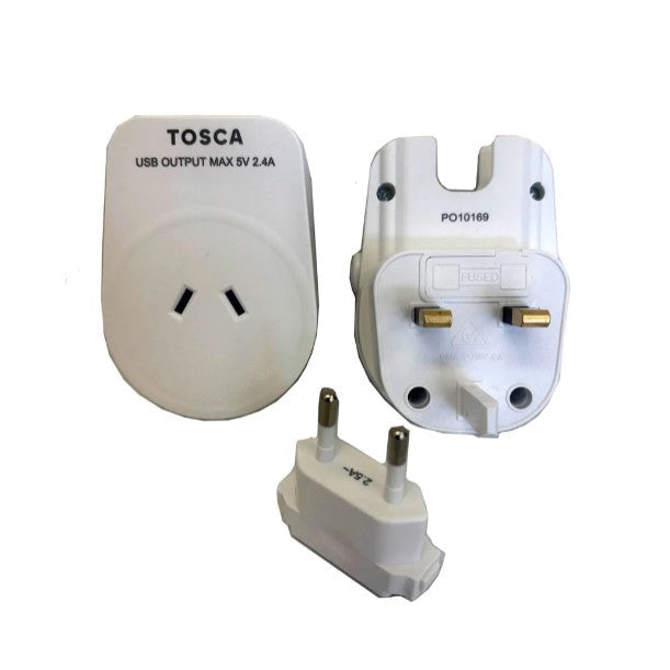 Three white electrical adapters with different connectors on a white background, featuring the brand 'Tosca'.