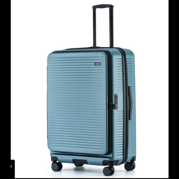 Blue suitcase with black handle and wheels on a white background