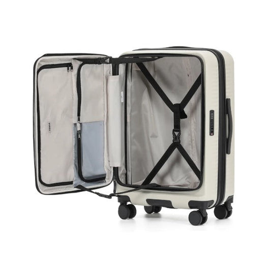 White suitcase with clear front panel on a white background