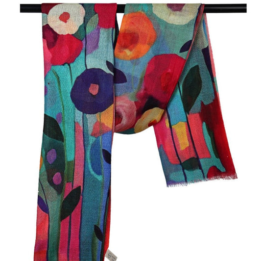 Colorful scarf with abstract floral design on a white background